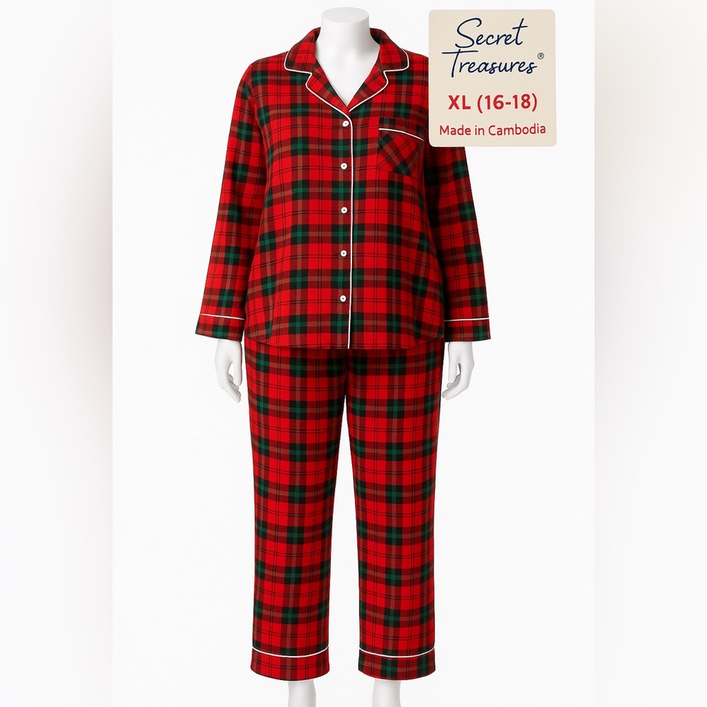 Secret Treasures XL 16-18 Red Plaid Microfleece Pajama Set Soft Stretch